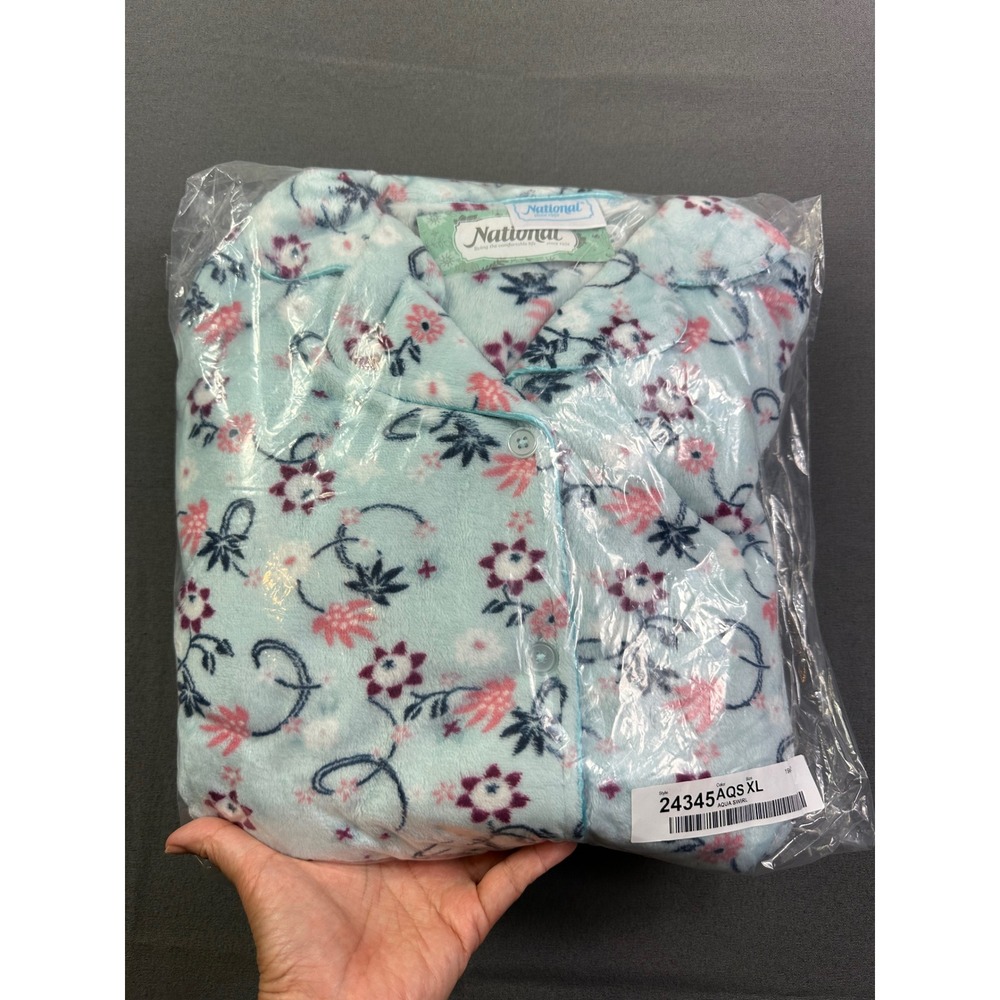 National Floral Fleece Pajama Set XL Aqua Swirl Button Front Sleeve 24345AQS